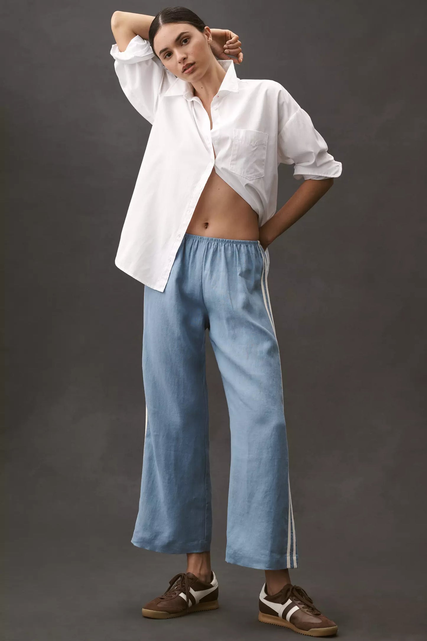 The Linen Stripe Crop Racer Pant | Cornflower