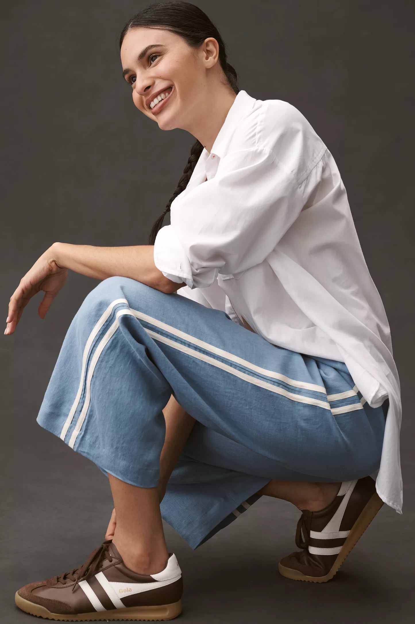 The Linen Stripe Crop Racer Pant | Cornflower