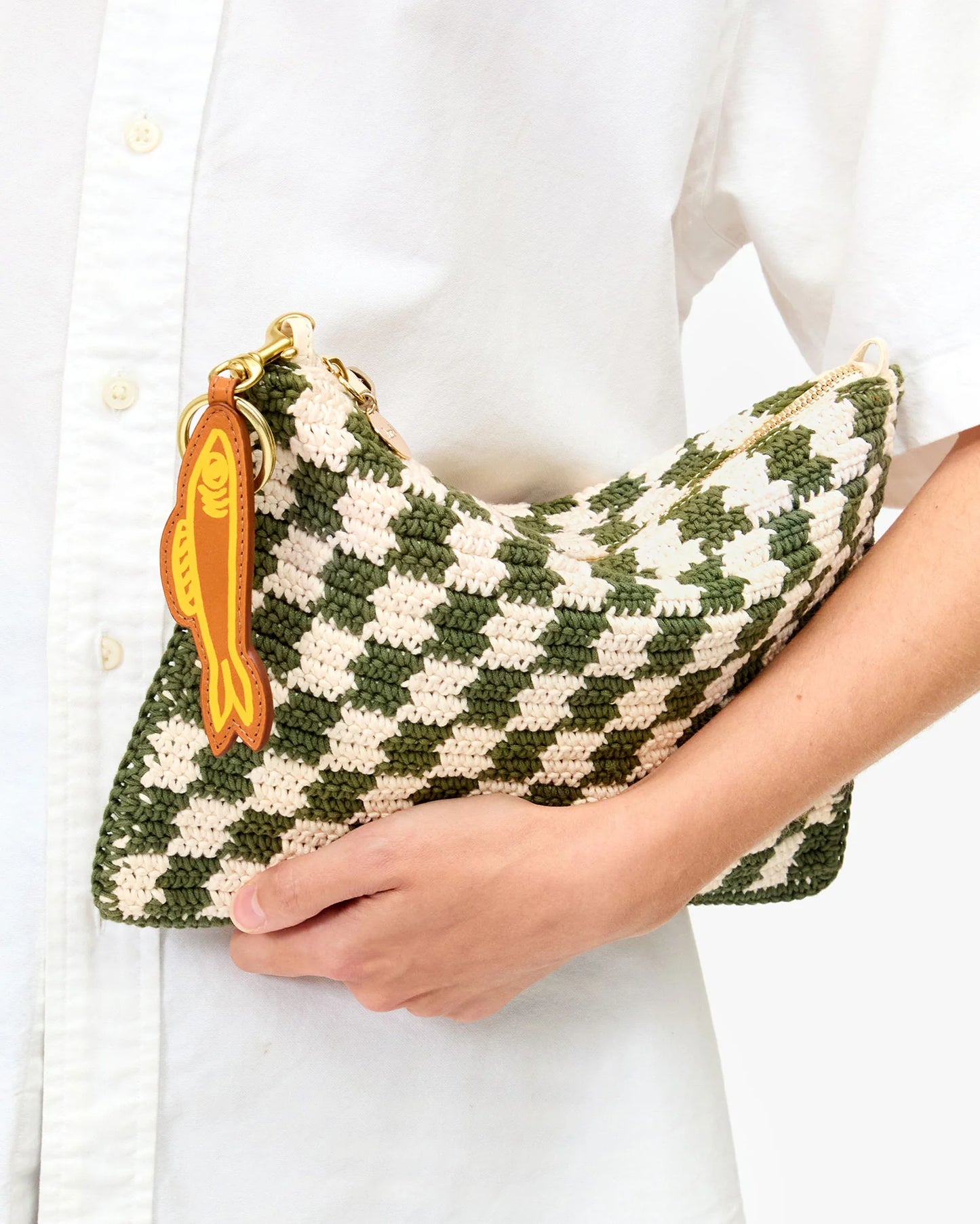 Flat Clutch w/ Tabs Olive &Cream Crochet Mini Checker
