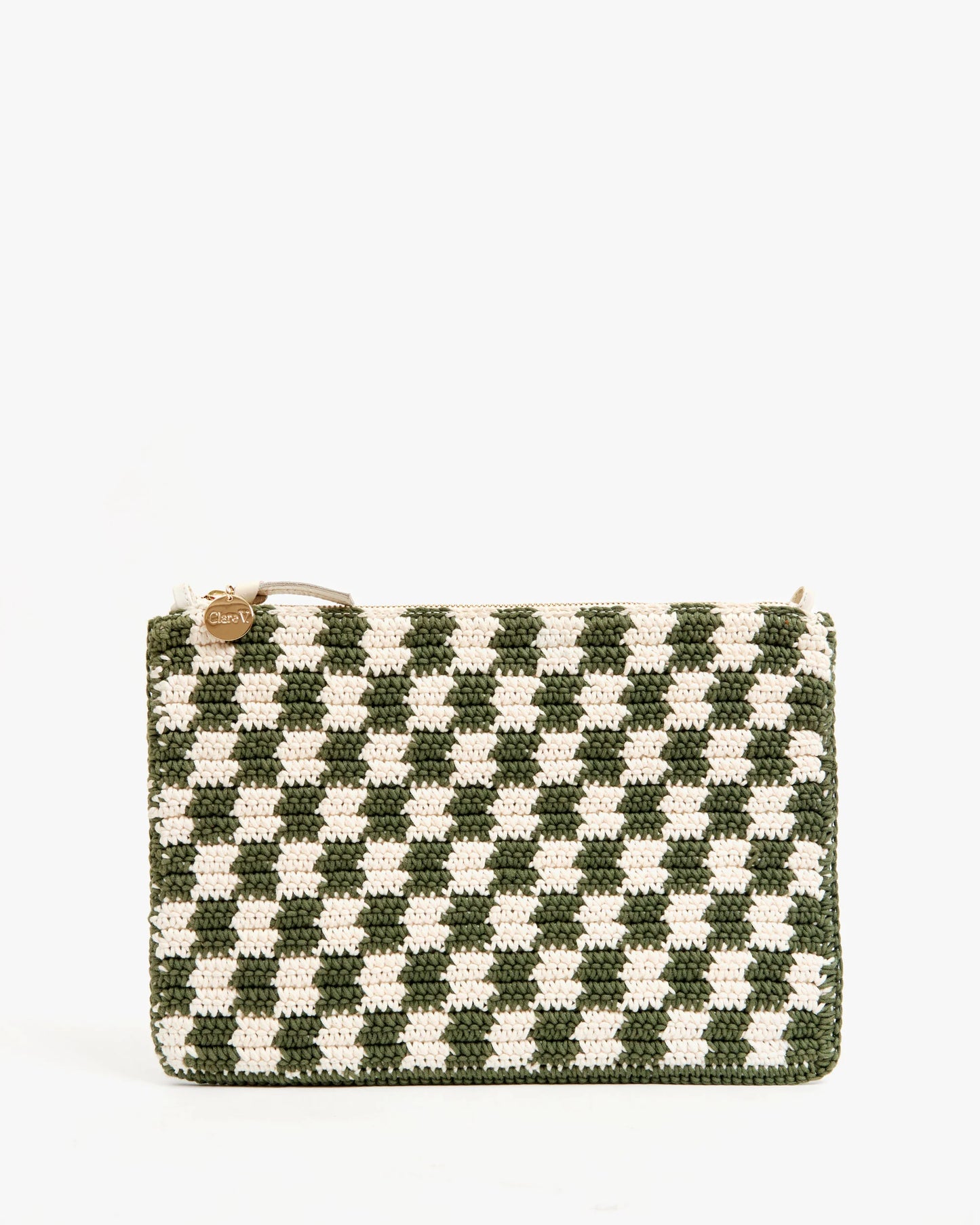 Flat Clutch w/ Tabs Olive &Cream Crochet Mini Checker