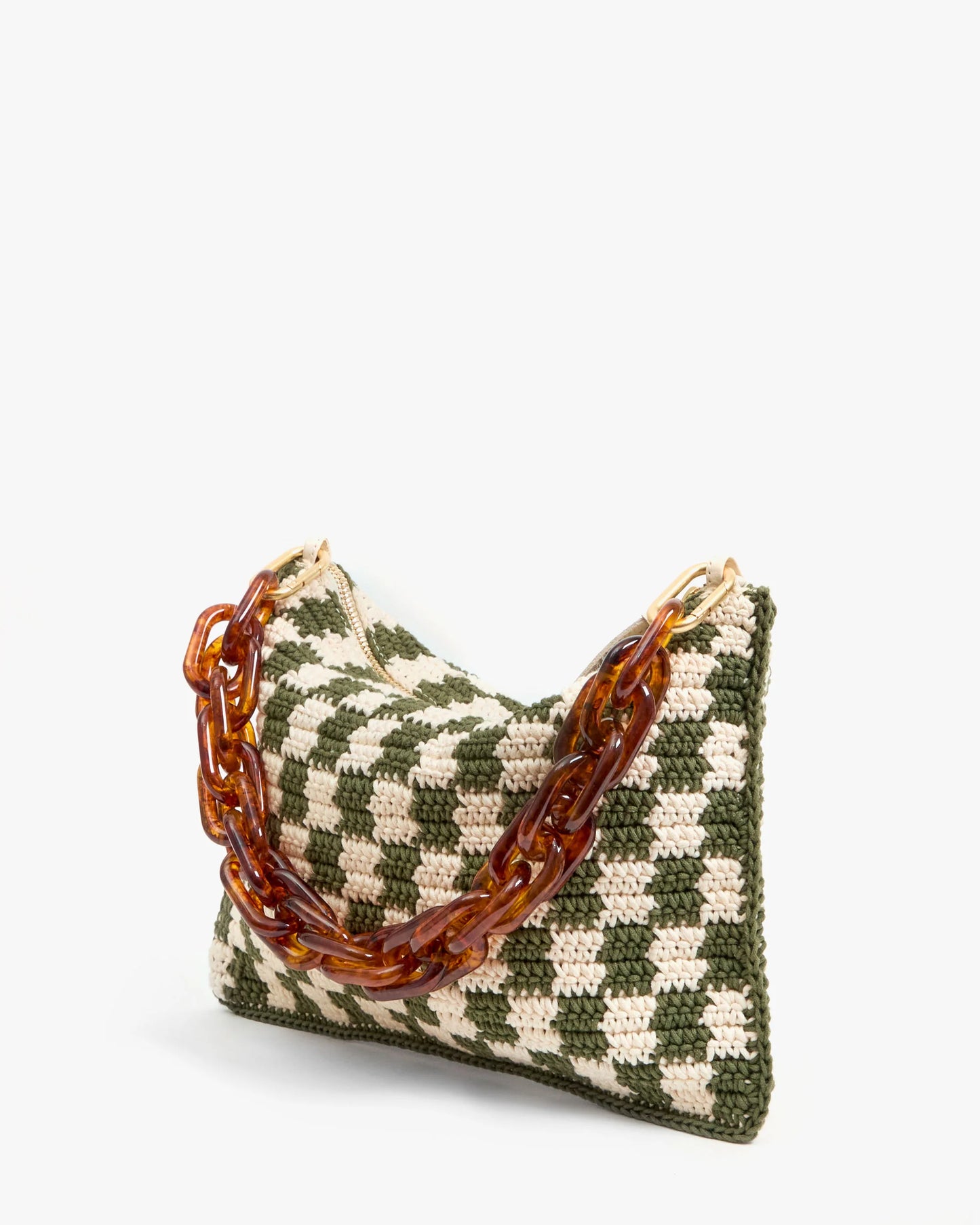 Flat Clutch w/ Tabs Olive &Cream Crochet Mini Checker