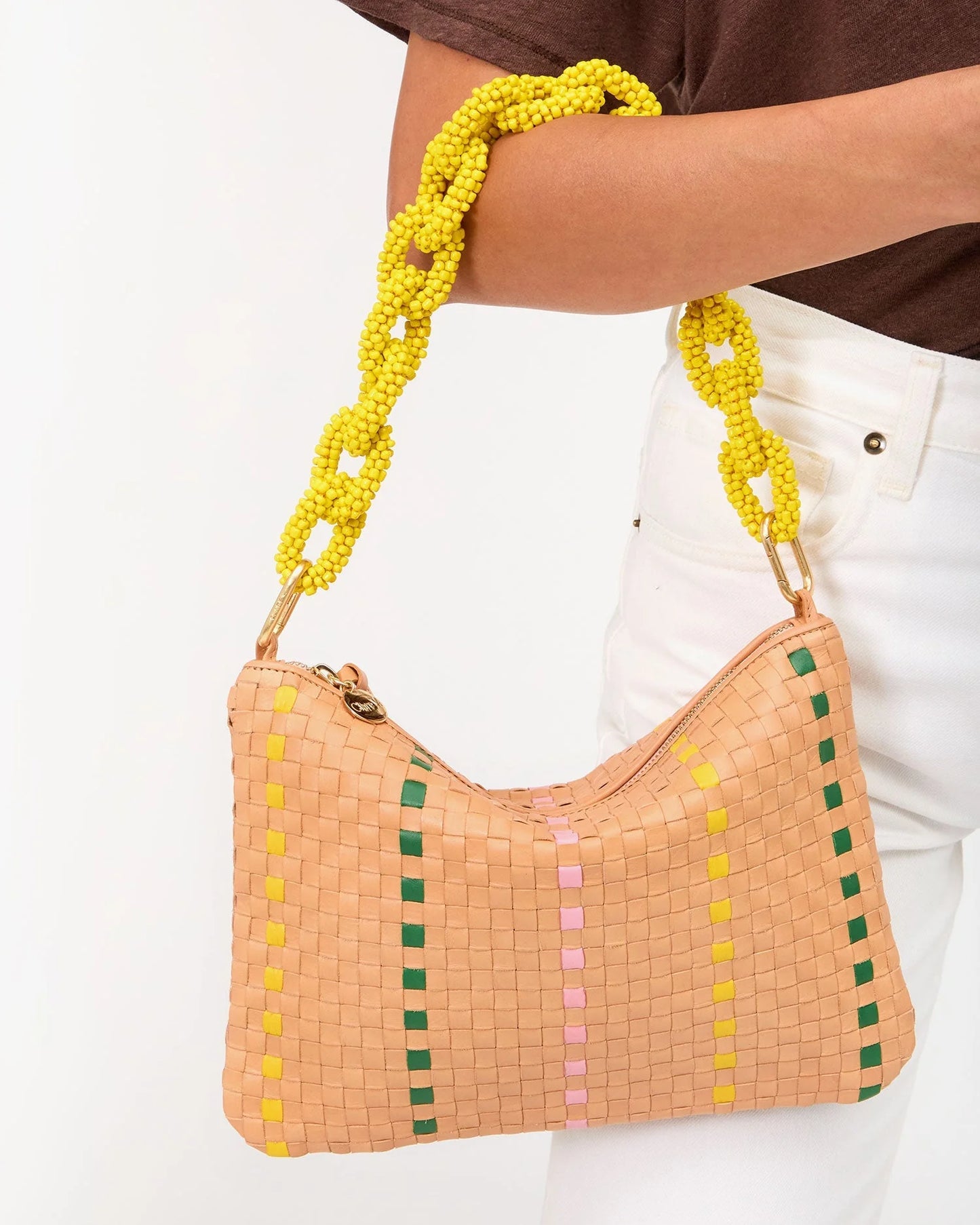 Flat Clutch w/ Tabs Bisque Woven Checker w/ Stripe