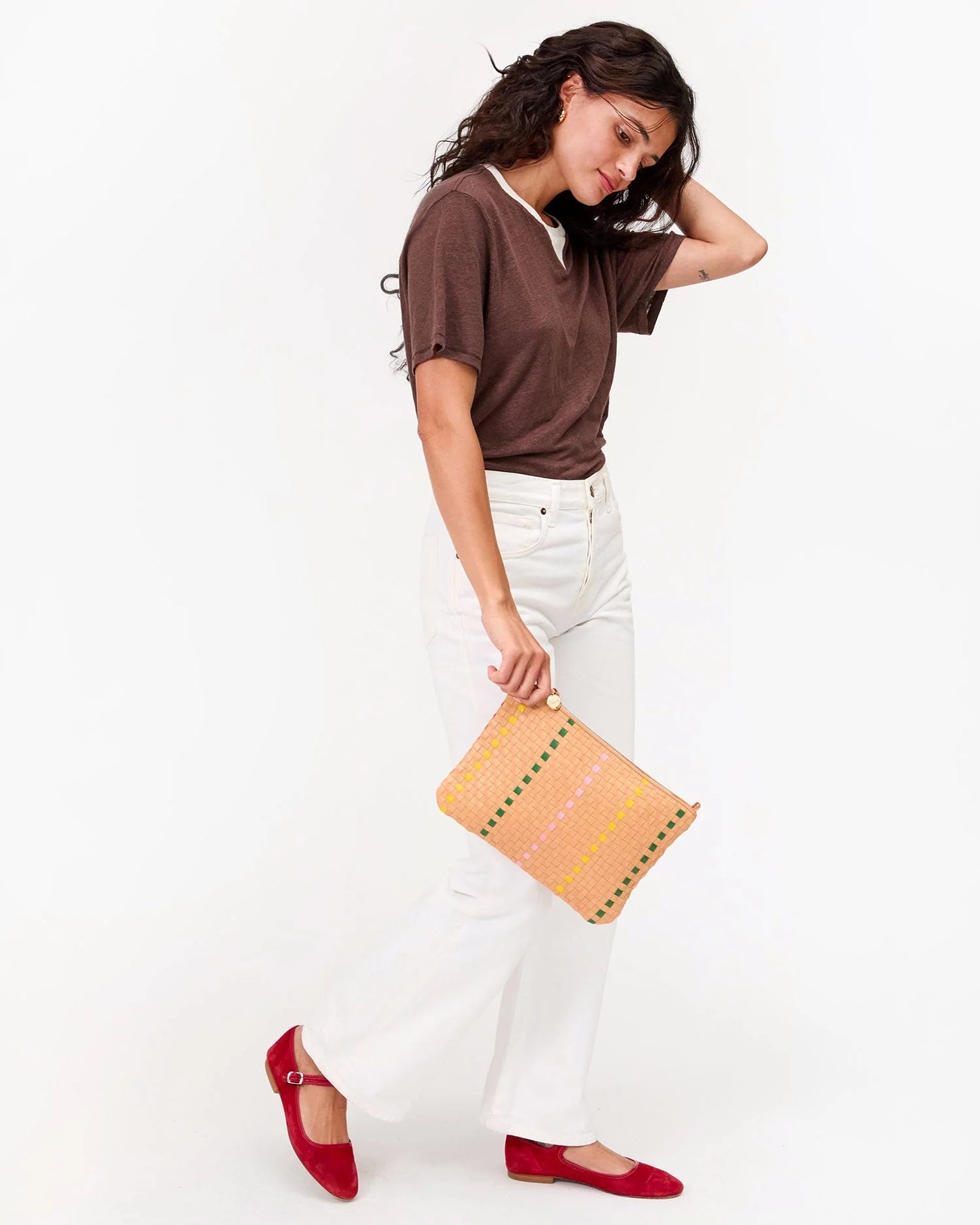 Flat Clutch w/ Tabs Bisque Woven Checker w/ Stripe