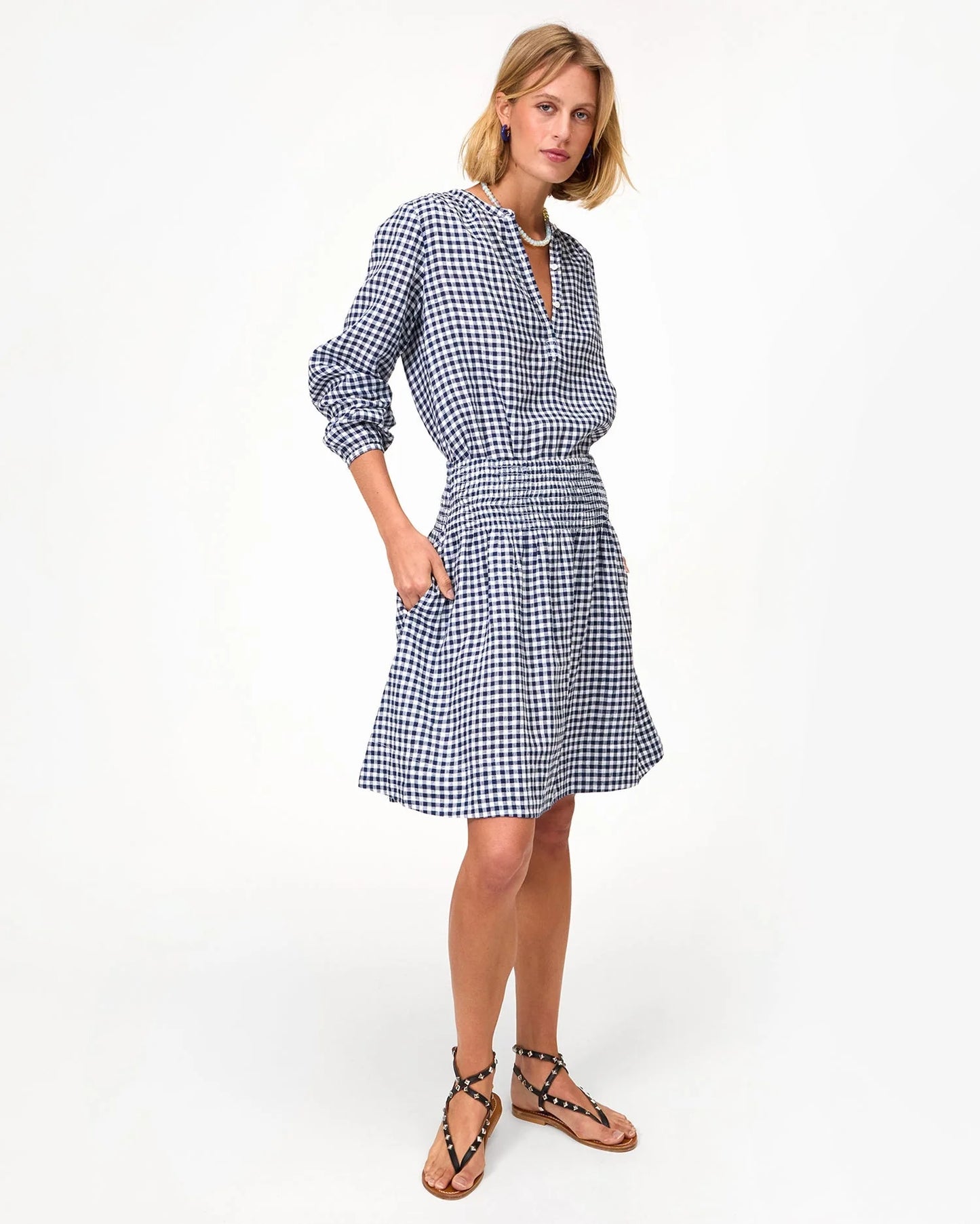 Zoe Court Skirt Navy/White Linen Gingham