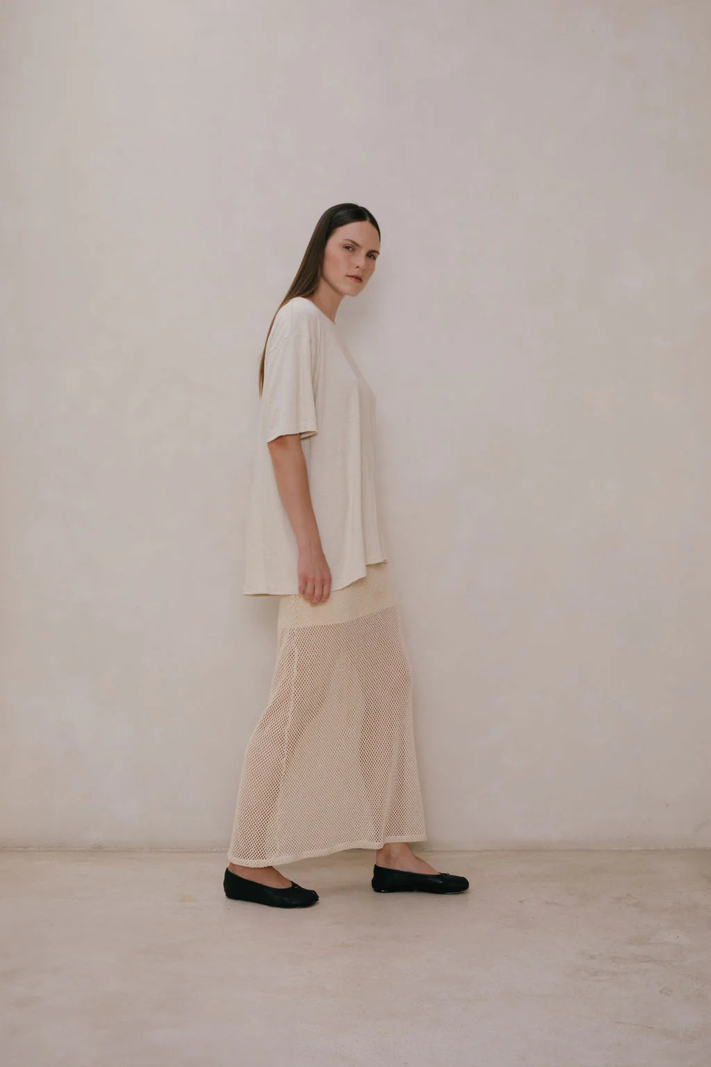 MESH LONG SKIRT | Creme