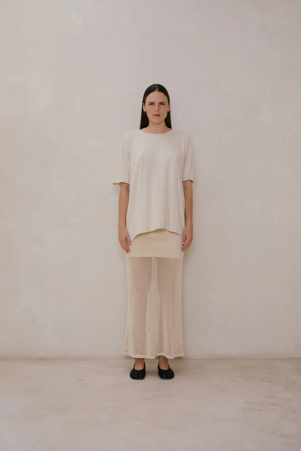 MESH LONG SKIRT | Creme