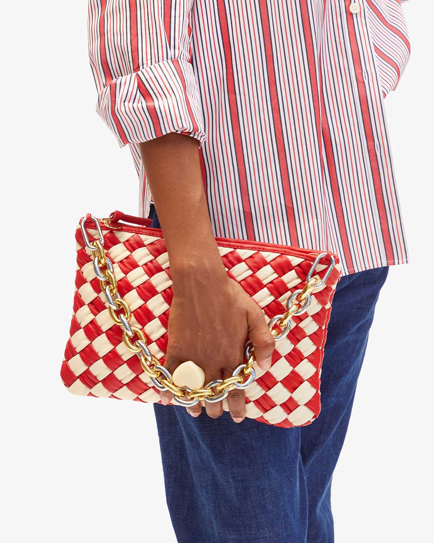 Flat Clutch w/ Tabs Rosa & Cream Puffy Woven Checker