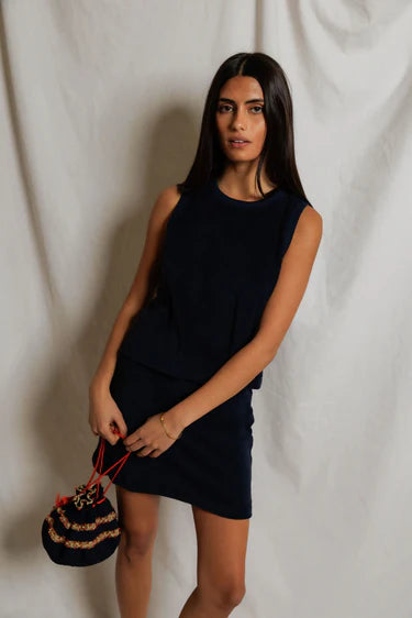 Esther - loop terry high neck crop tank Navy