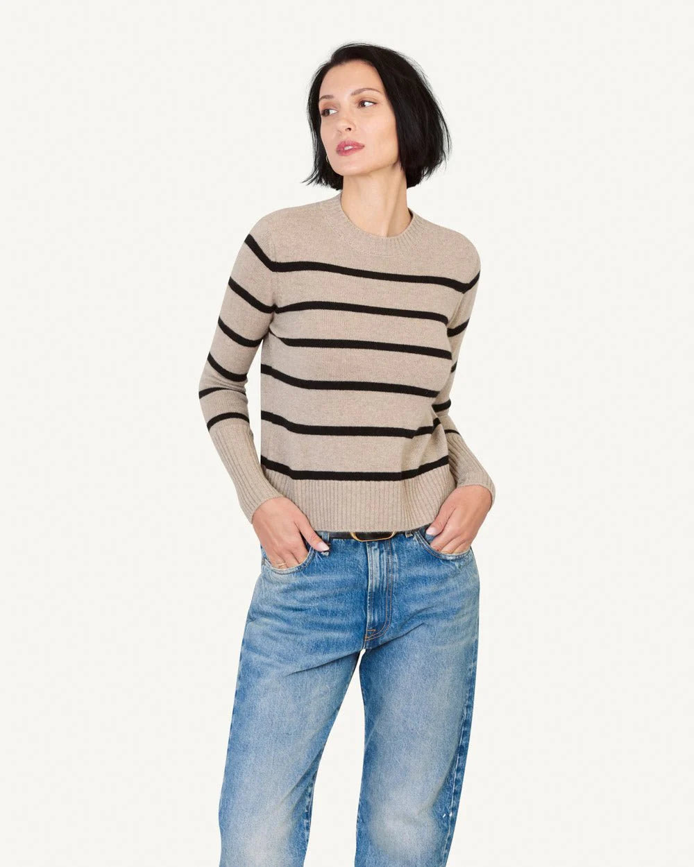 Jane Cashmere Crewneck | Latte Stripe