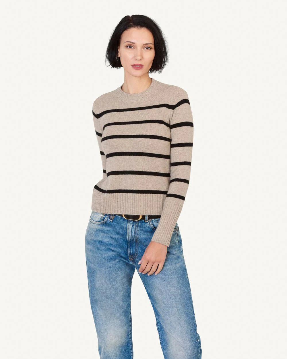 Jane Cashmere Crewneck | Latte Stripe