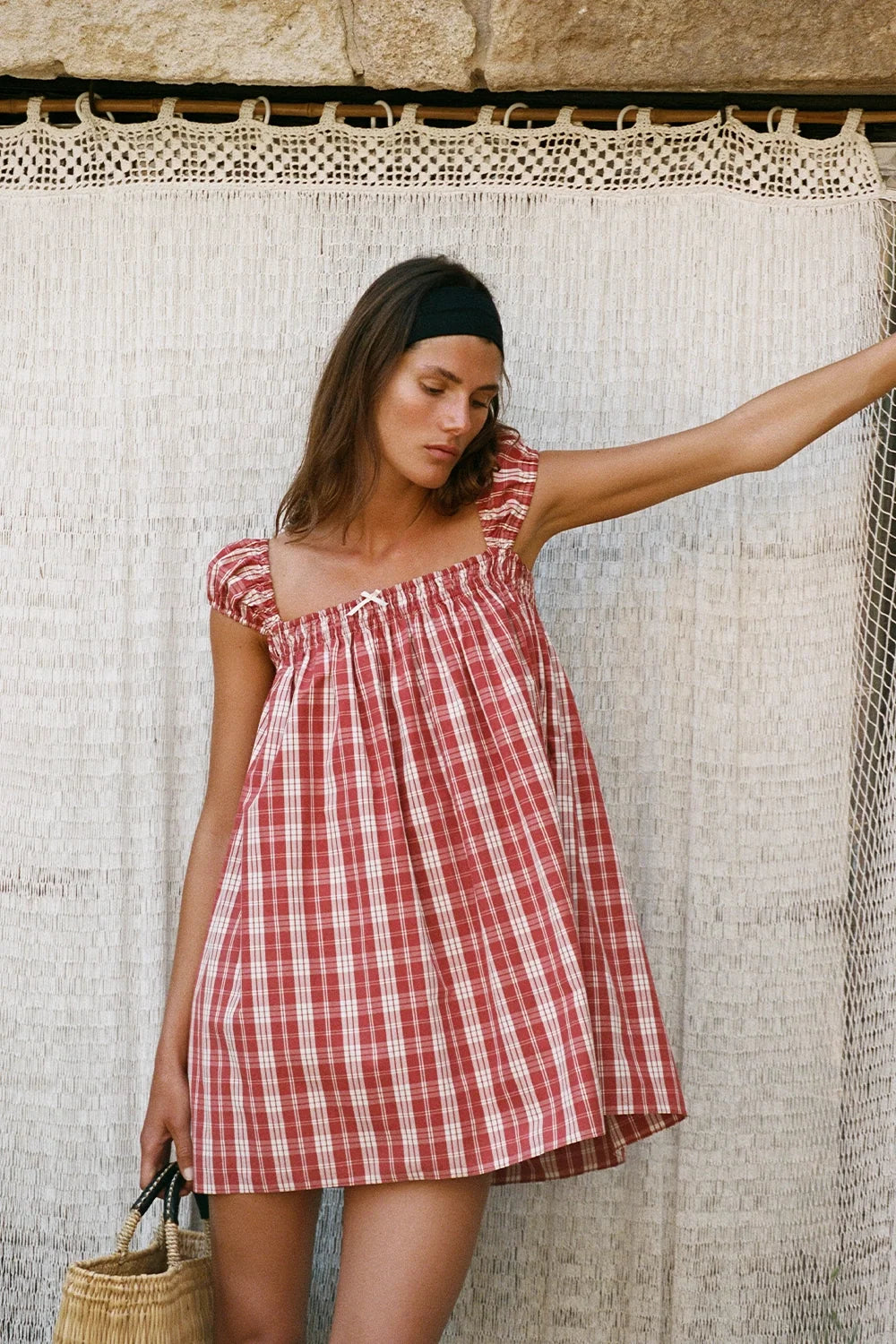 Faithfull the Brand Belinha Mini Dress in Ines Check Terra Rosso