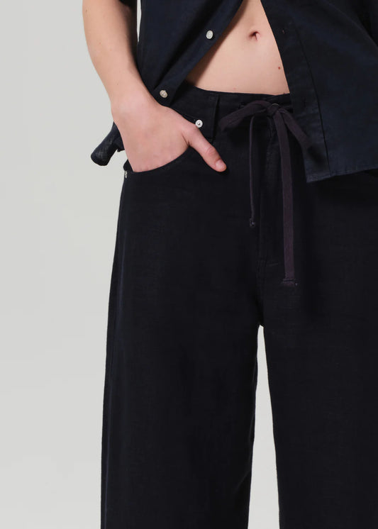 Brynn Drawstring Linen Trouser In True Navy