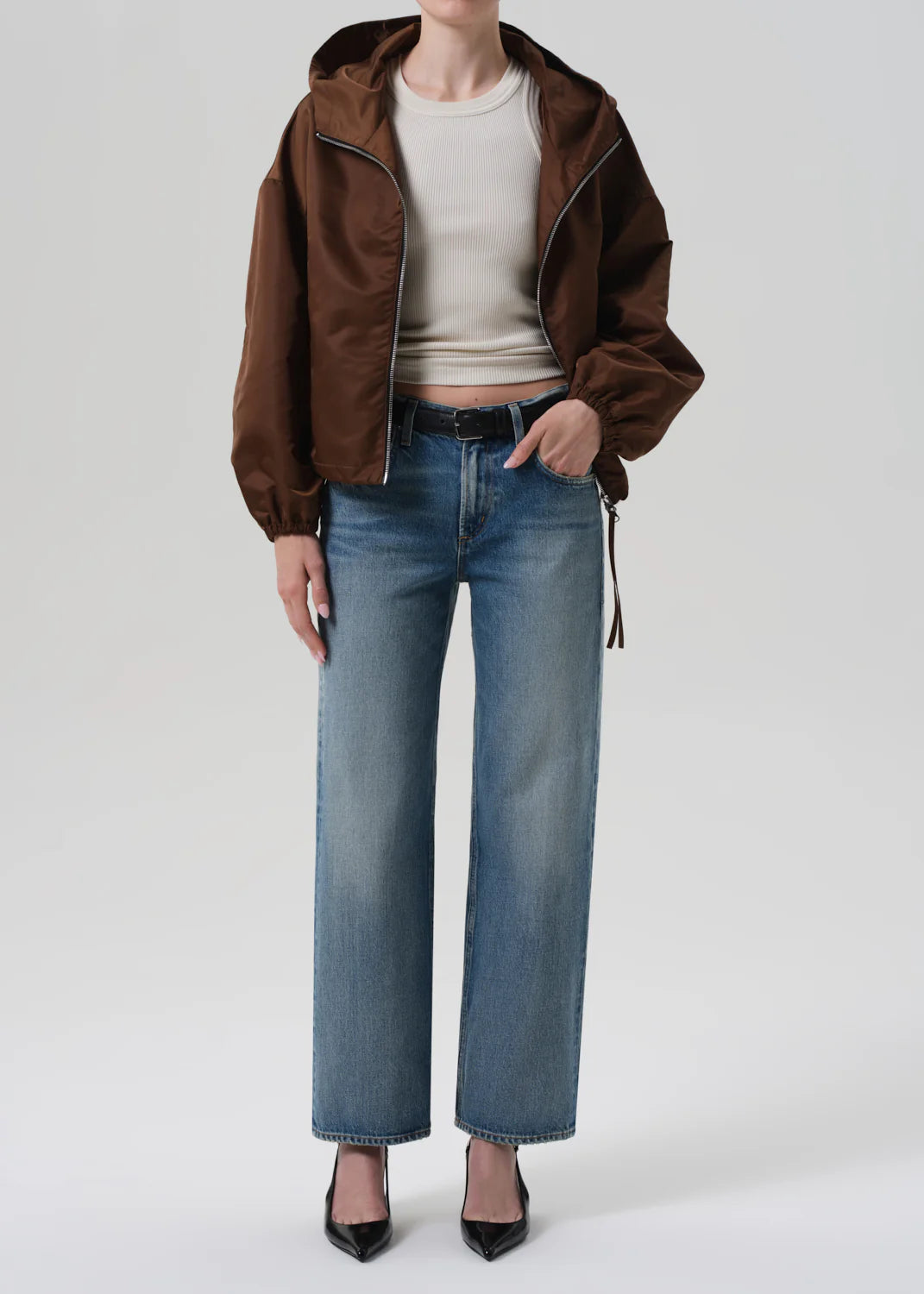 CROPPED NYLON WINDBREAKER IN BROWN