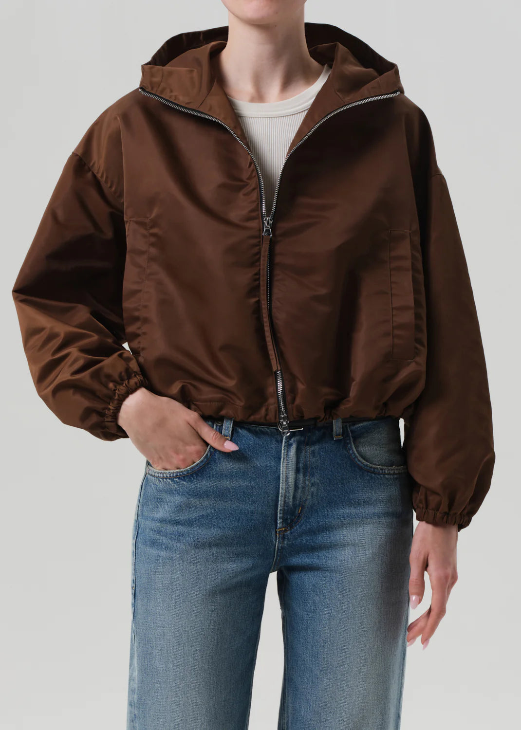 CROPPED NYLON WINDBREAKER IN BROWN