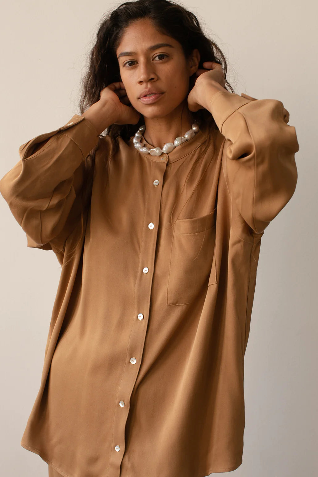 The Satiny Mandarin Shirt | Camel