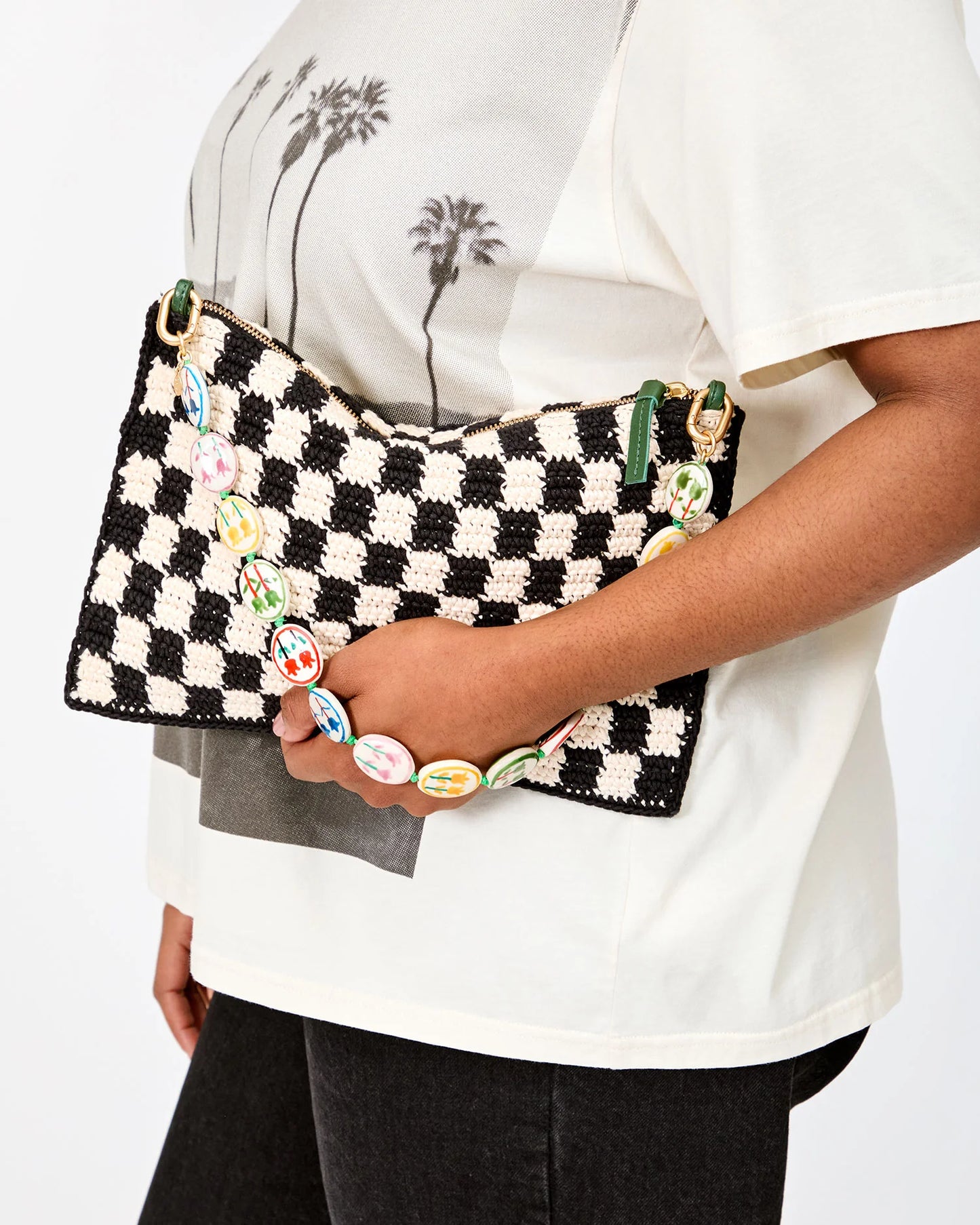 Flat Clutch w/ Tabs Black & Cream Crochet Mini Checker