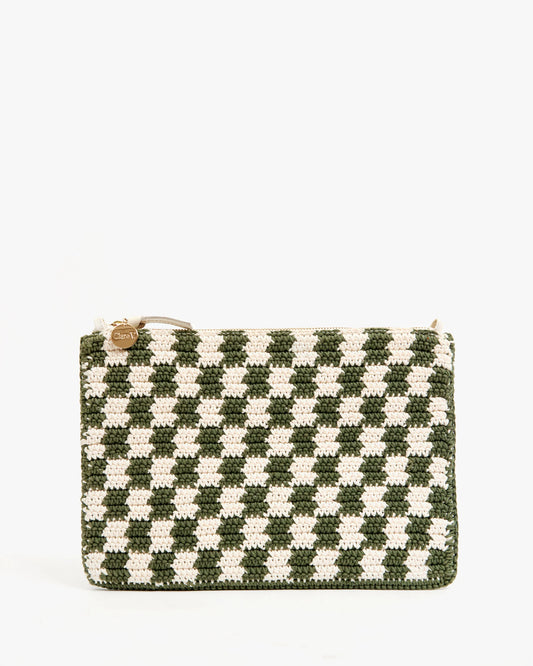 Flat Clutch w/ Tabs Olive &Cream Crochet Mini Checker