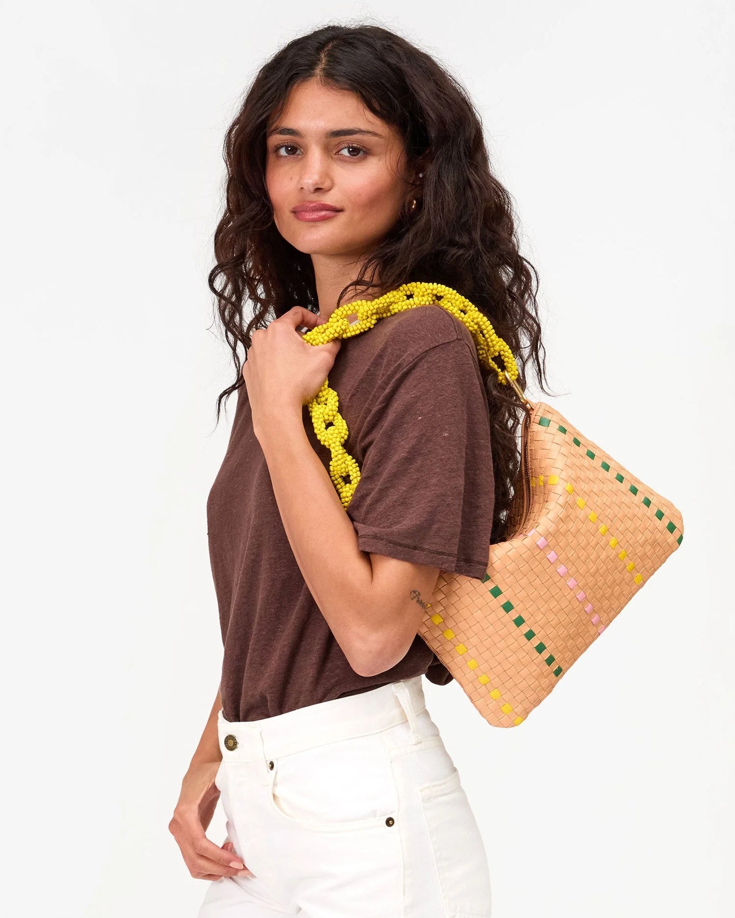 Flat Clutch w/ Tabs Bisque Woven Checker w/ Stripe