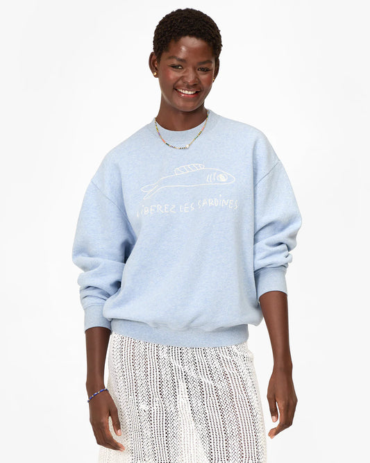Oversized Sweatshirt | Heather Blue Embroidered Liberez Les Sardines