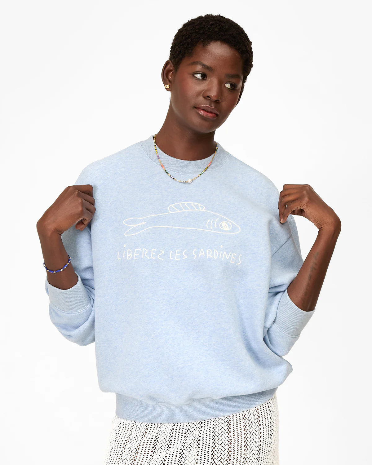 Oversized Sweatshirt | Heather Blue Embroidered Liberez Les Sardines