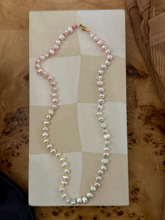 Rainbow Pearl knotted necklace