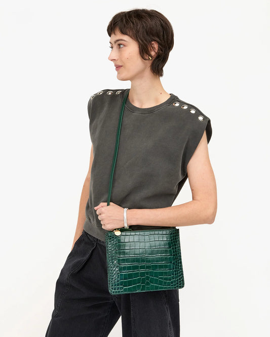 Margot Double Sac Bretelle | Deep Pine Embossed Croco