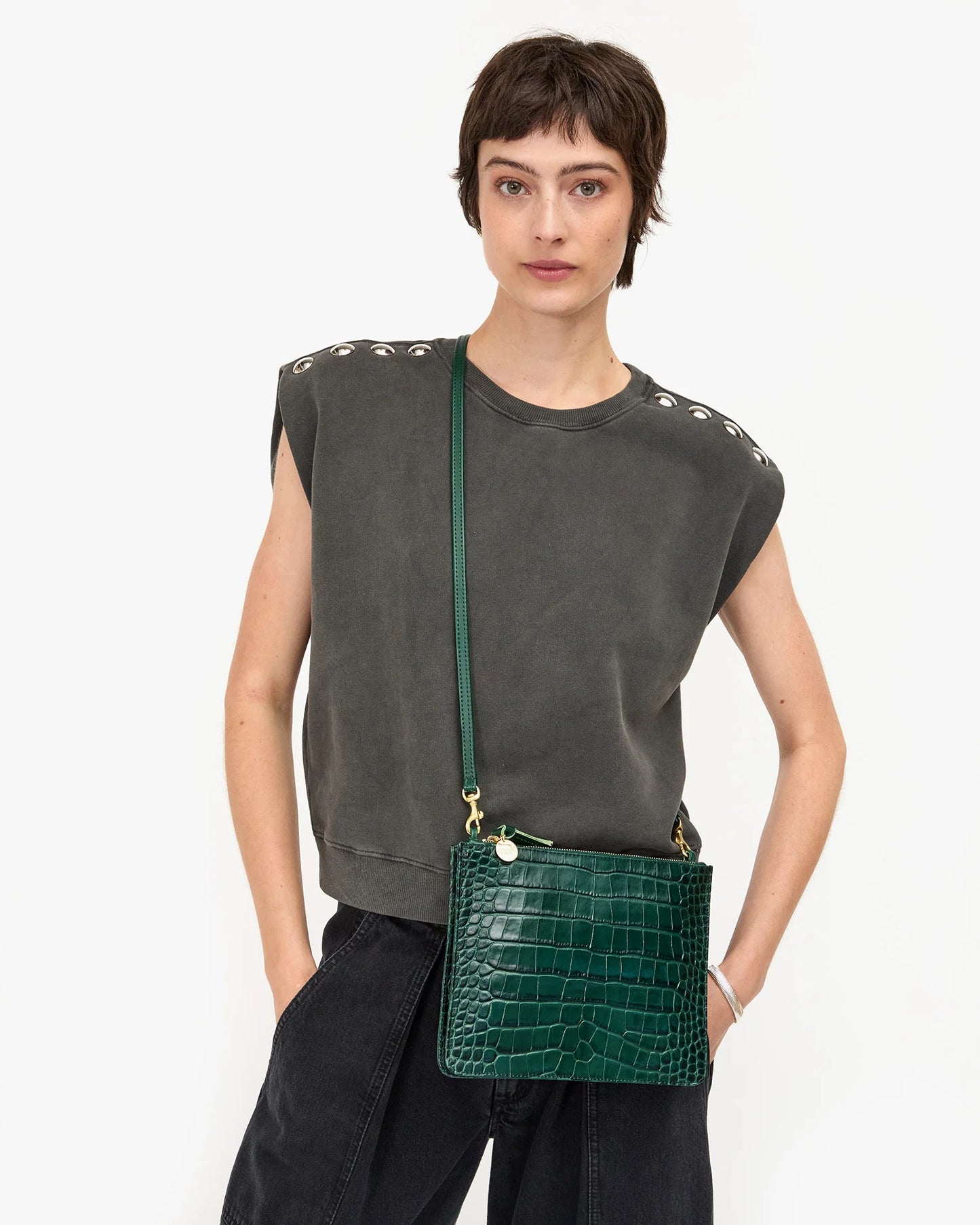 Margot Double Sac Bretelle | Deep Pine Embossed Croco