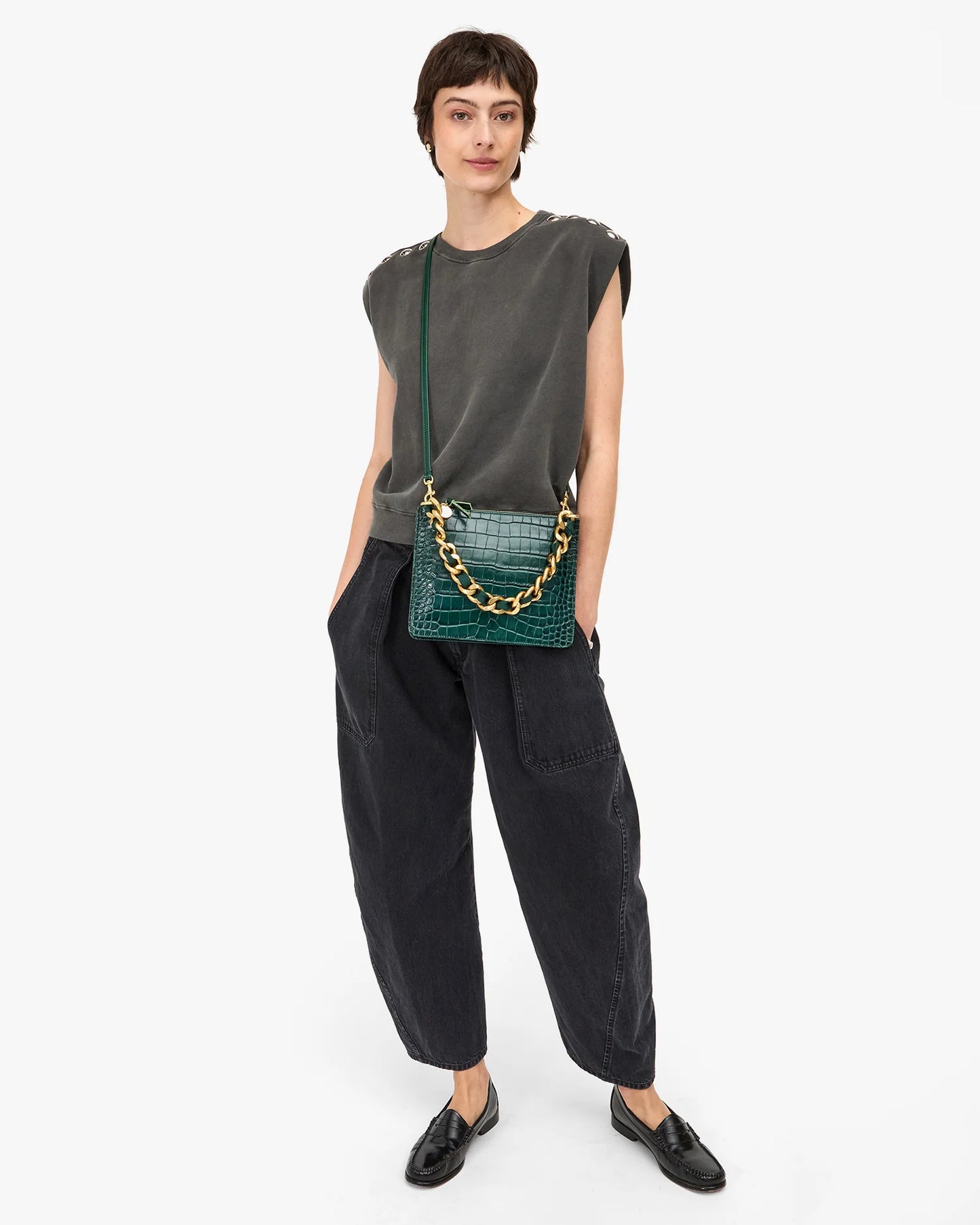 Margot Double Sac Bretelle | Deep Pine Embossed Croco