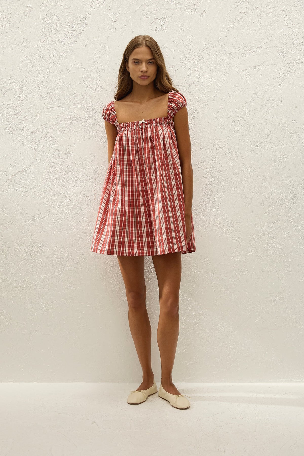 Faithfull the Brand Belinha Mini Dress in Ines Check Terra Rosso
