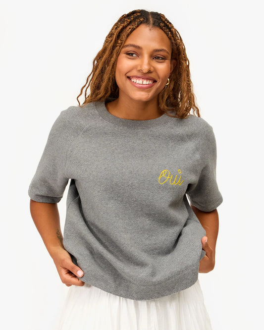 Short Sleeve Sweatshirt Grey Melange w/ Citron Embroidered Oui