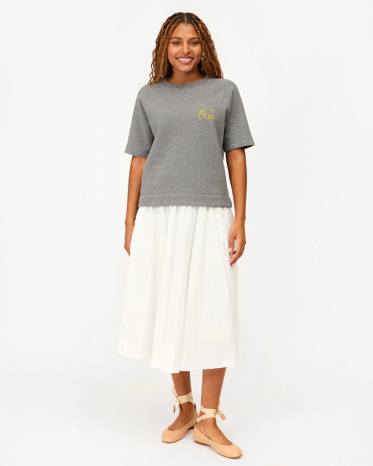 Short Sleeve Sweatshirt Grey Melange w/ Citron Embroidered Oui
