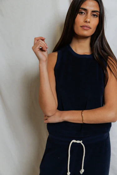 Esther - loop terry high neck crop tank Navy