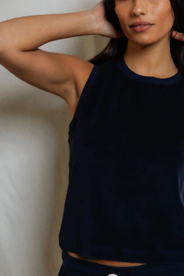 Esther - loop terry high neck crop tank Navy