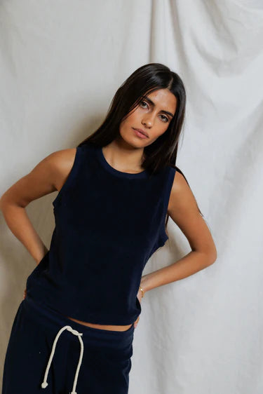 Esther - loop terry high neck crop tank Navy