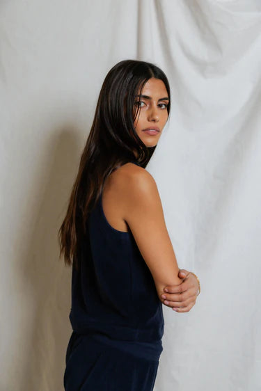 Esther - loop terry high neck crop tank Navy