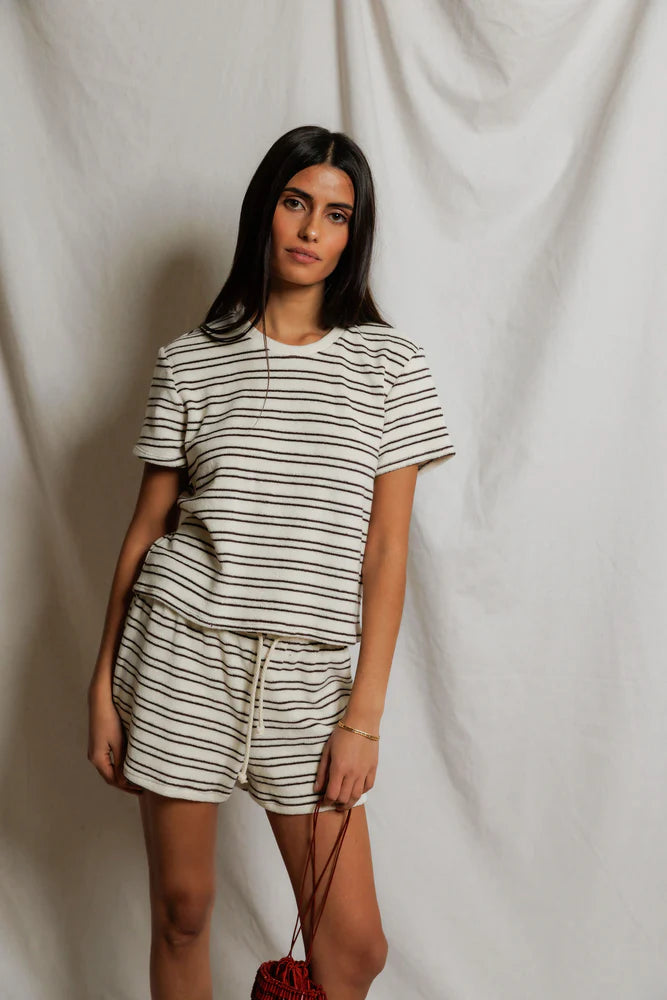 Eve - loop terry stripe short sleeve shirt | natural chocolate stripe