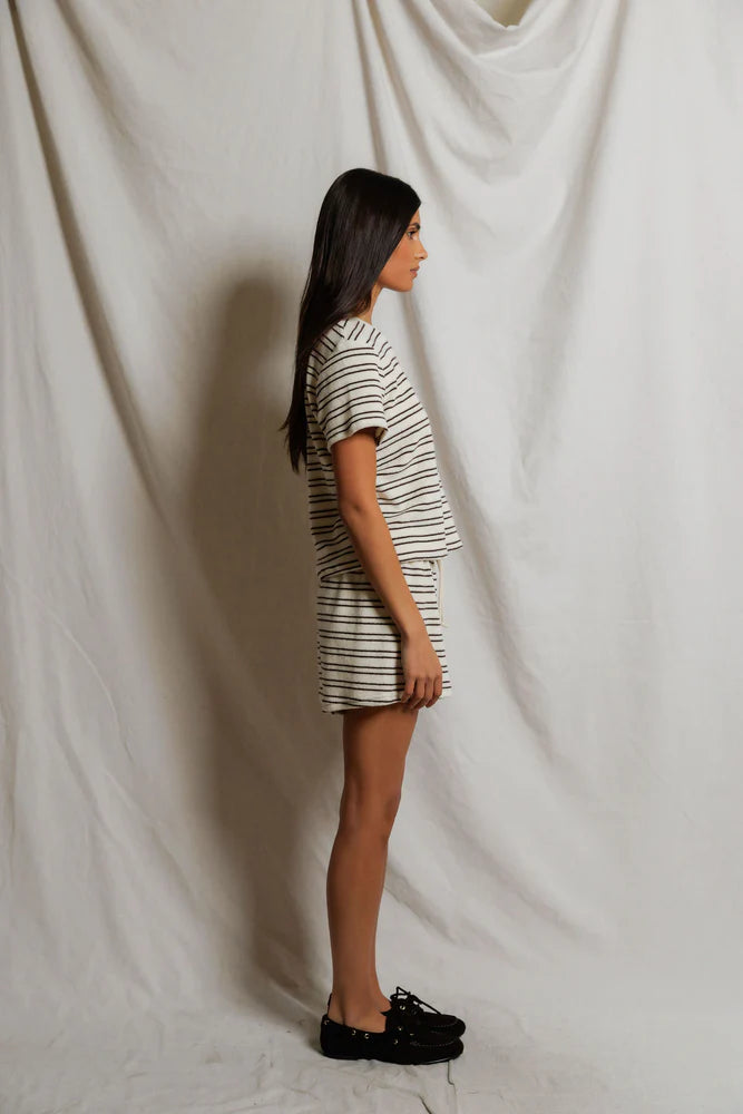 Eve - loop terry stripe short sleeve shirt | natural chocolate stripe