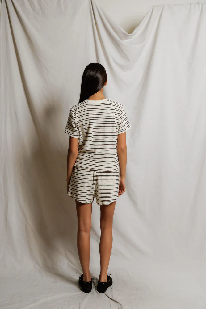 Eve - loop terry stripe short sleeve shirt | natural chocolate stripe