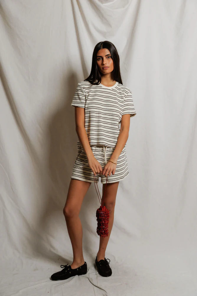 Eve - loop terry stripe short sleeve shirt | natural chocolate stripe