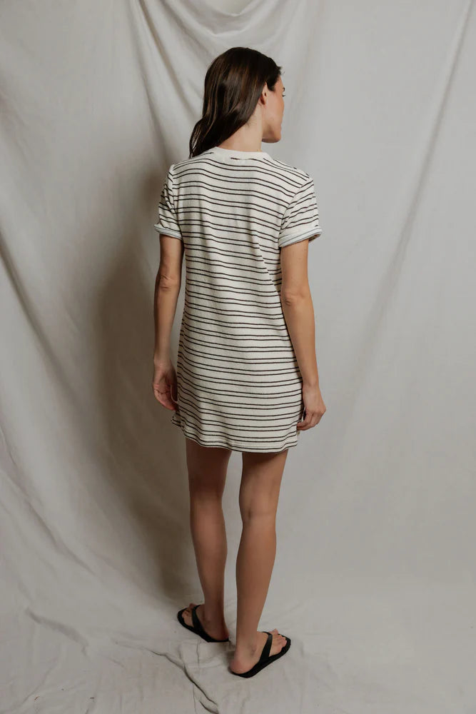 Nella - loop terry stripe short sleeve dress |  natural chocolate stripe