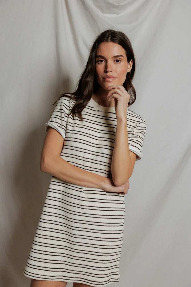 Nella - loop terry stripe short sleeve dress |  natural chocolate stripe