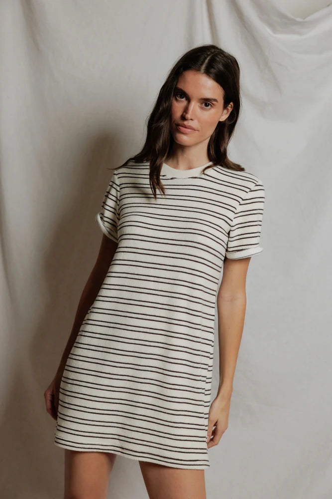 Nella - loop terry stripe short sleeve dress |  natural chocolate stripe