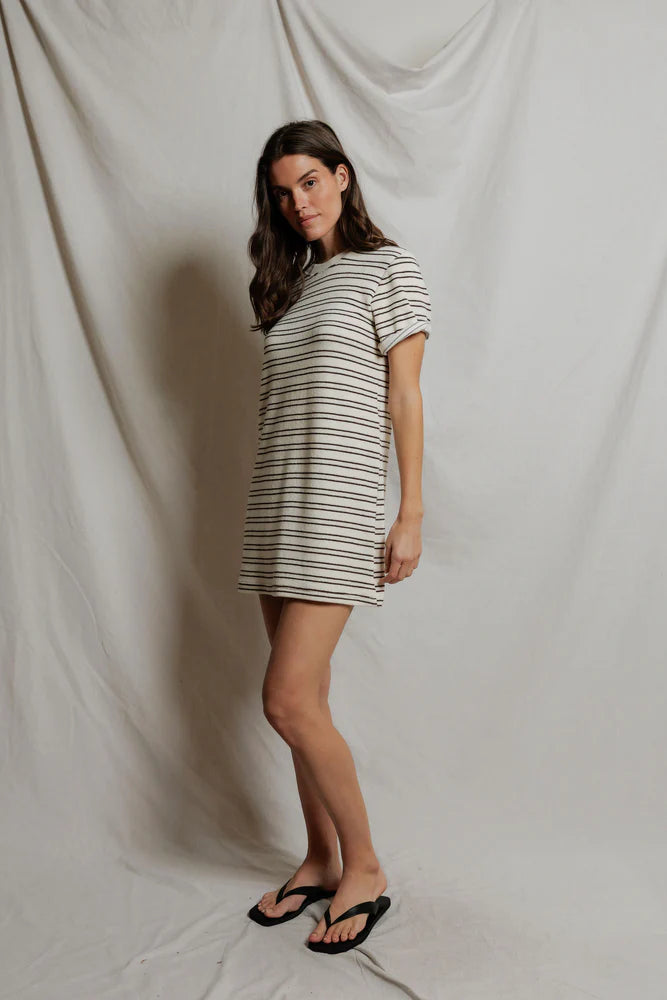 Nella - loop terry stripe short sleeve dress |  natural chocolate stripe