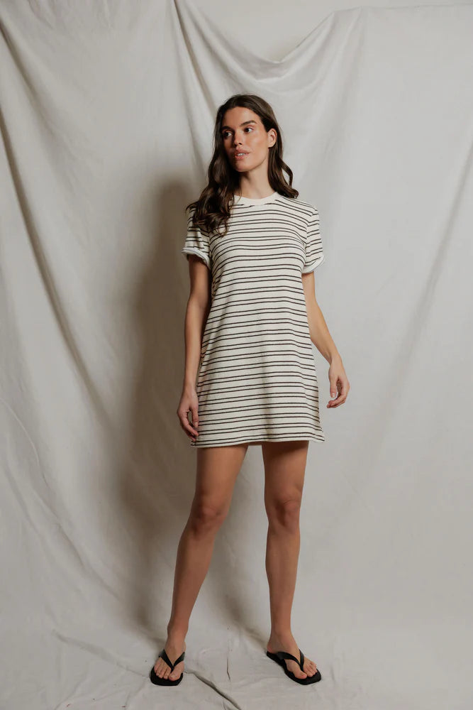 Nella - loop terry stripe short sleeve dress |  natural chocolate stripe