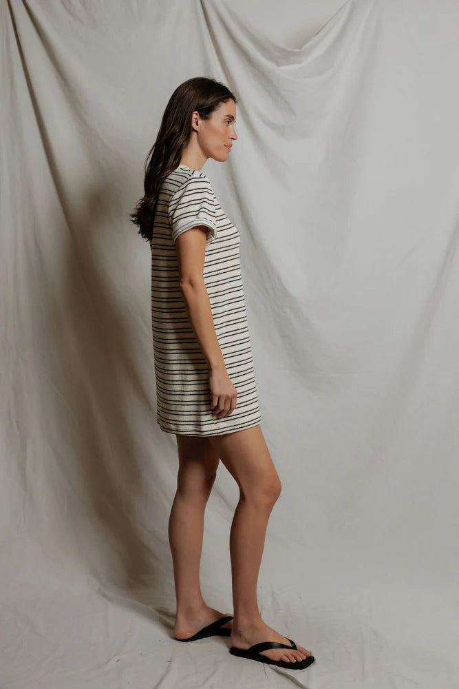 Nella - loop terry stripe short sleeve dress |  natural chocolate stripe