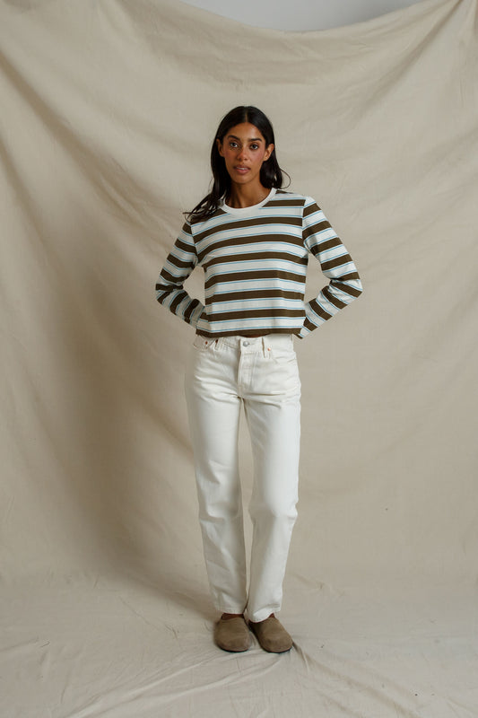 The Perfect White Tee Veya Long Sleeve in Dark Olive Stripe